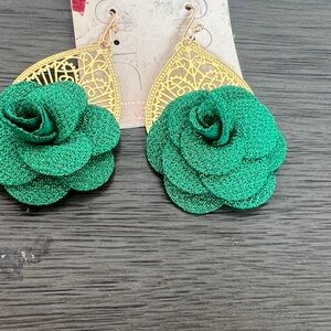 Elegant Green Rose Earrings with Gold Filigree